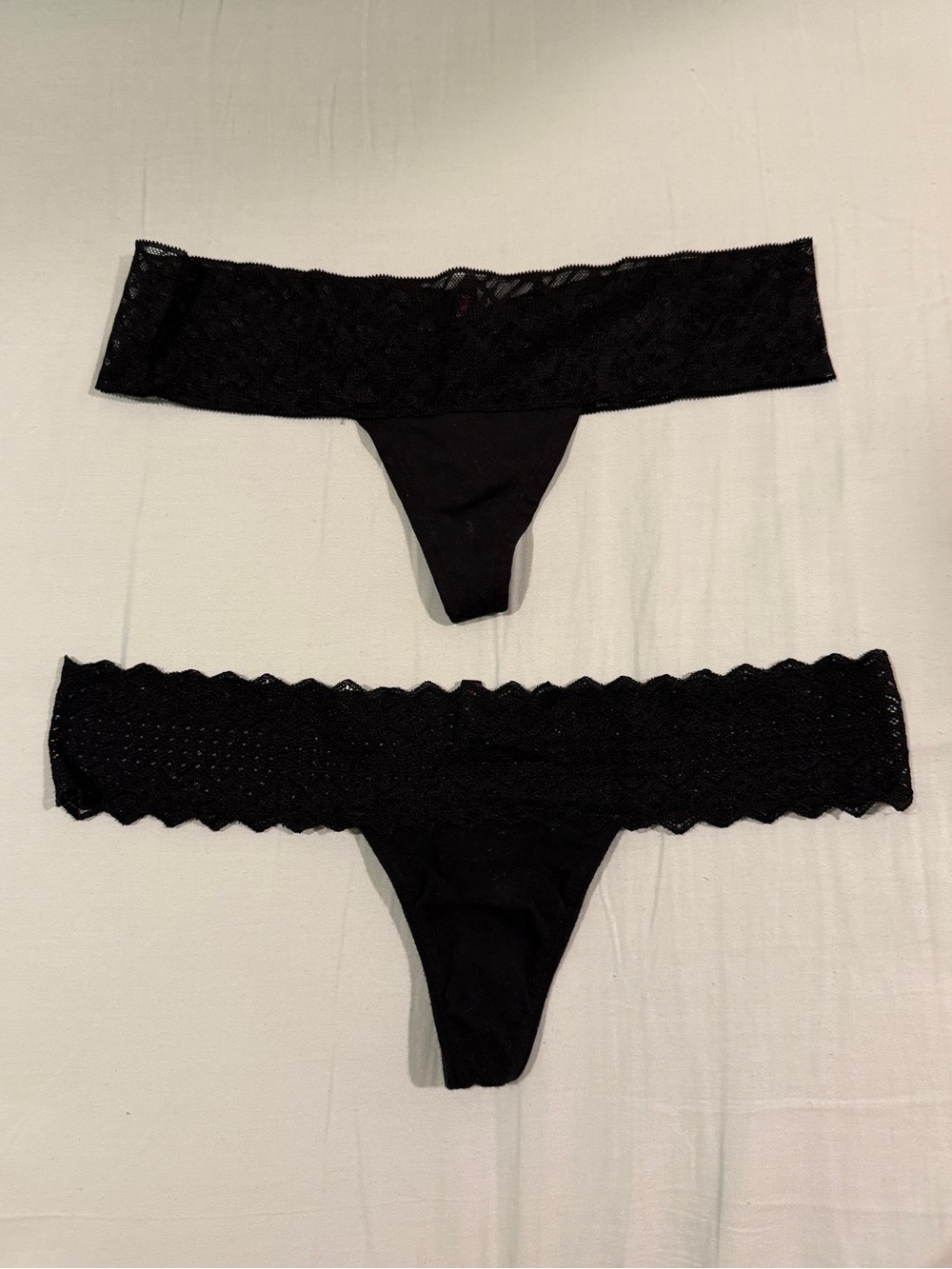 2 x Victoria's Secret PINK Black Floral Lace Thong Panties Sheer Stretch